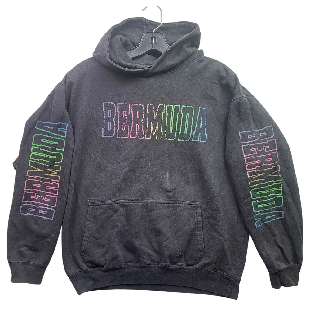 Bermuda‎ Hoodie Mens Medium Rainbow Spell Out Sleeve Hits AOP Grunge Streetwear